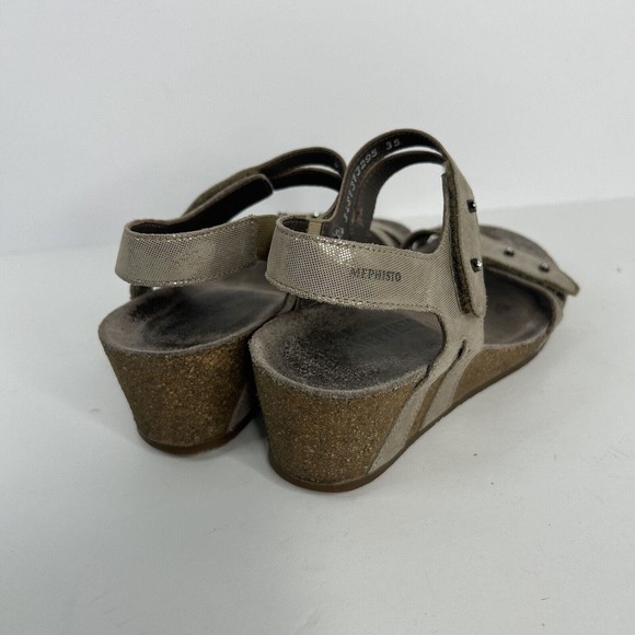 Mephisto Grey Metallic Sandals Strappy Low Wedge - Picture 4 of 6
